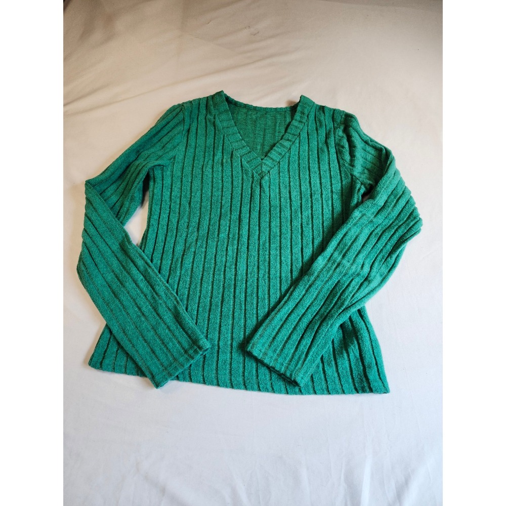 Green Ribbed V-Neck Sweater Womens Medium Long Sleeve Knit Top Emerald